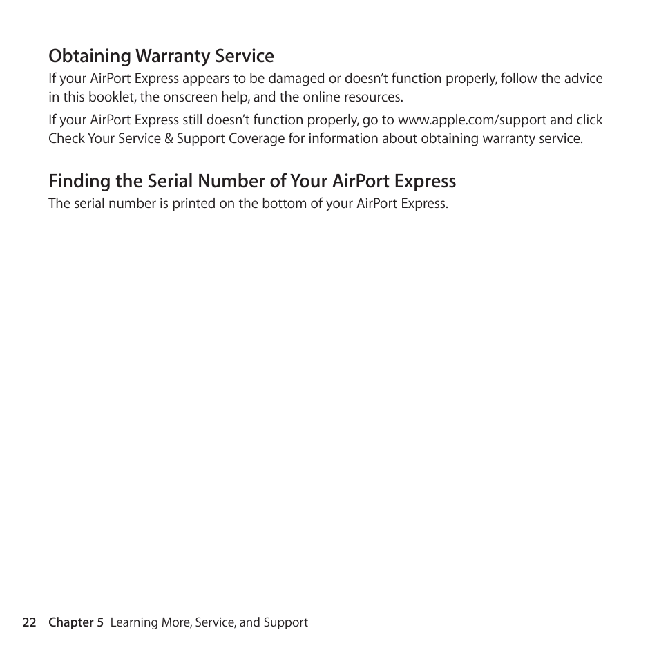 Obtaining warranty service, Finding the serial number of your airport express | Apple AirPort Express 802.11n (2nd Generation) User Manual | Page 22 / 32