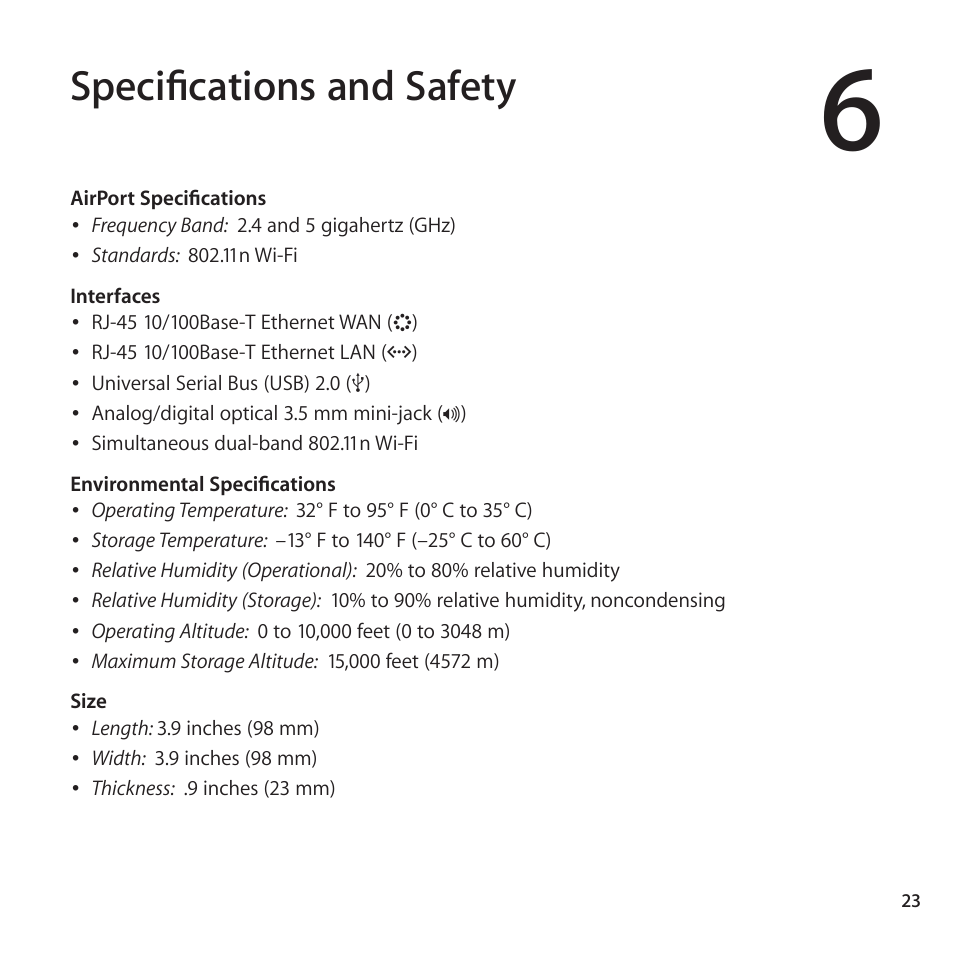 Specifications and safety, 23 specifications and safety | Apple AirPort Express 802.11n (2nd Generation) User Manual | Page 23 / 32