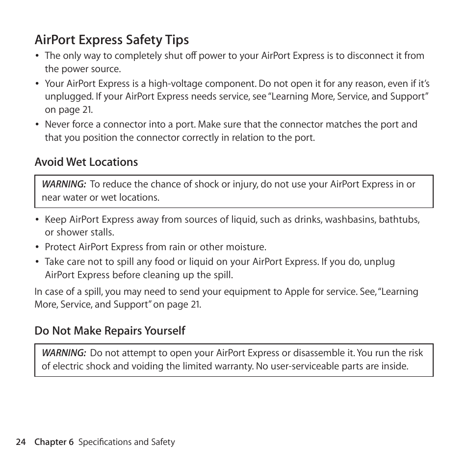 Airport express safety tips, 24 airport express safety tips | Apple AirPort Express 802.11n (2nd Generation) User Manual | Page 24 / 32