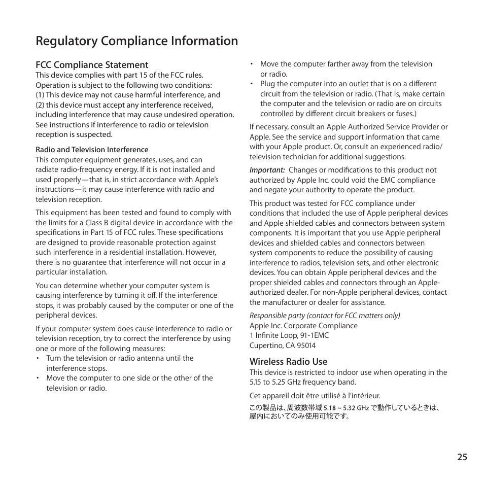 Regulatory compliance information, 25 regulatory compliance information | Apple AirPort Express 802.11n (2nd Generation) User Manual | Page 25 / 32