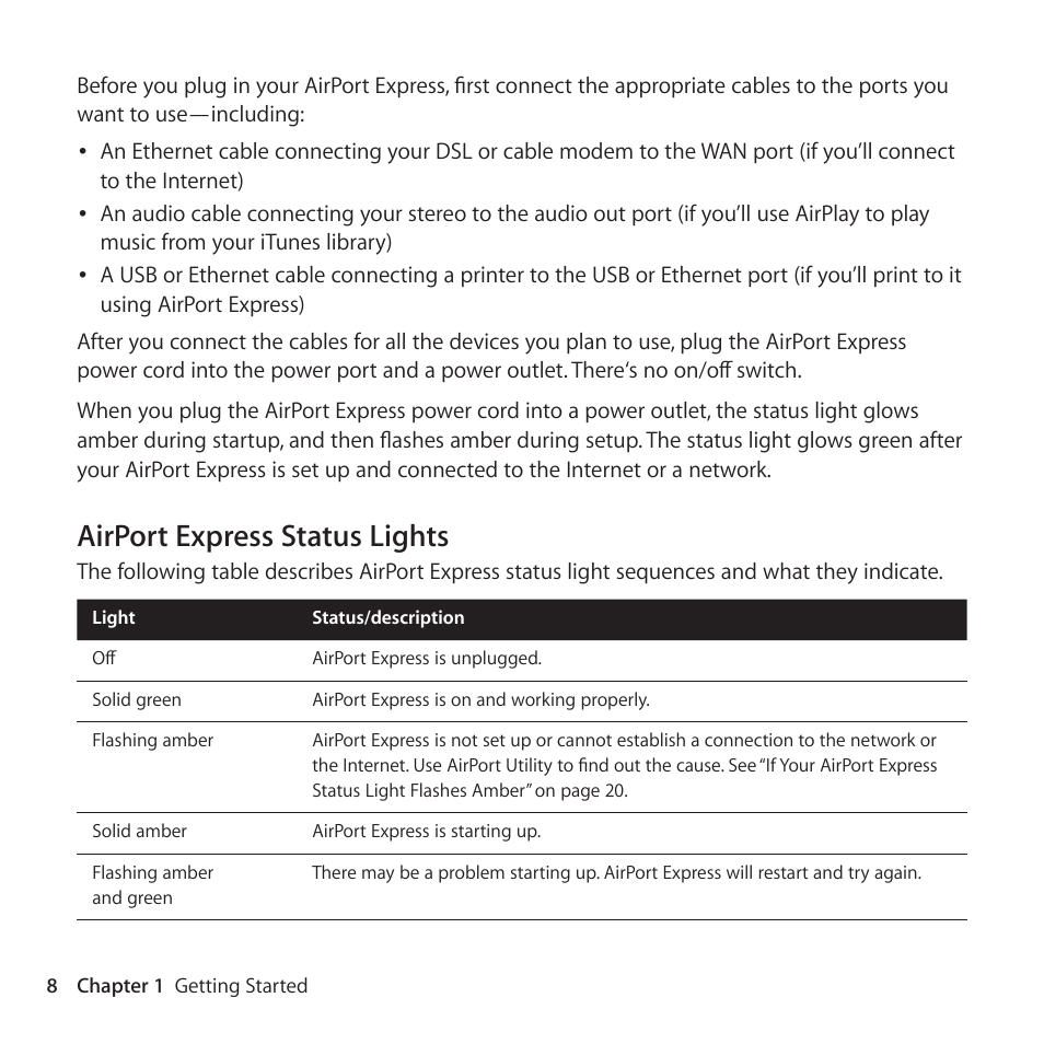 Airport express status lights | Apple AirPort Express 802.11n (2nd Generation) User Manual | Page 8 / 32