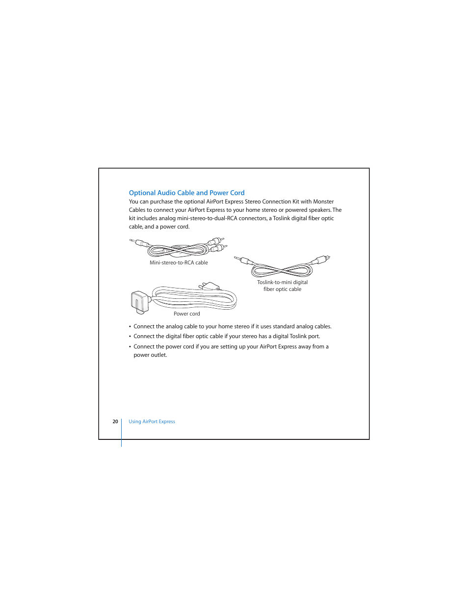 Optional audio cable and power cord | Apple AirPort Express v4.2 User Manual | Page 20 / 48