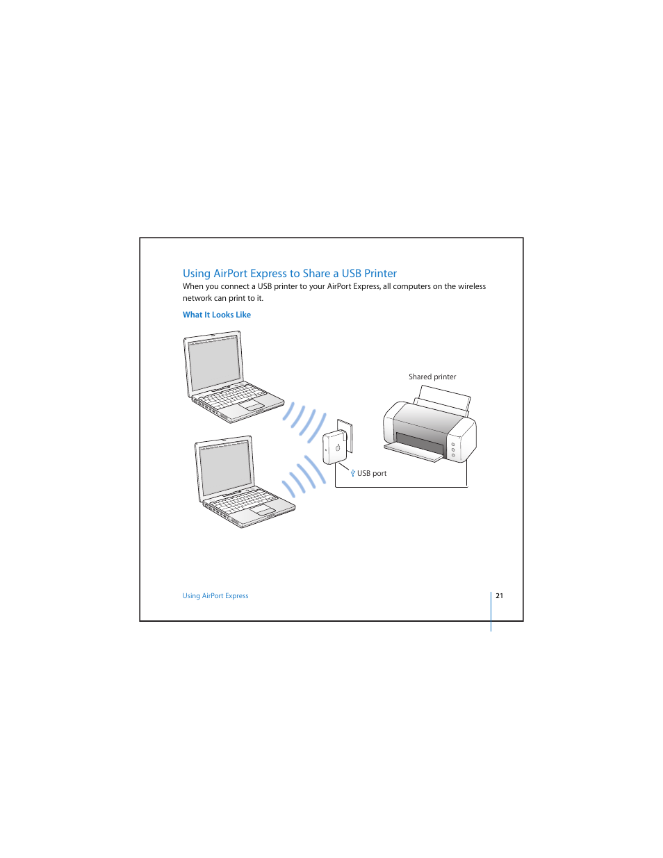 Using airport express to share a usb printer | Apple AirPort Express v4.2 User Manual | Page 21 / 48