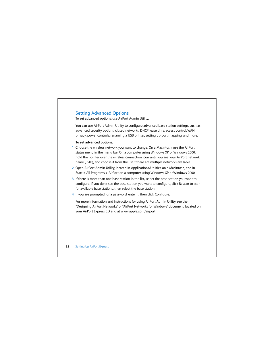 Setting advanced options | Apple AirPort Express v4.2 User Manual | Page 32 / 48