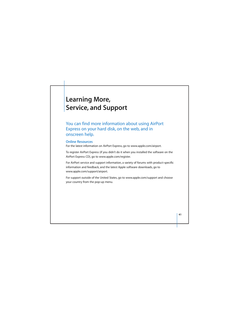Learning more, service,andsupport, Online resources, Learning more, service, and support | Apple AirPort Express v4.2 User Manual | Page 41 / 48