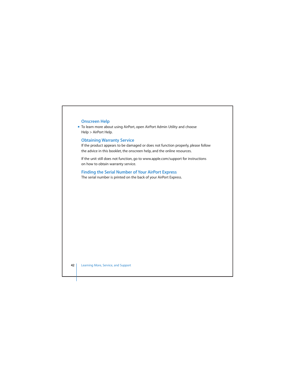 Onscreen help, Obtaining warranty service, Finding the serial number of your airport express | Apple AirPort Express v4.2 User Manual | Page 42 / 48