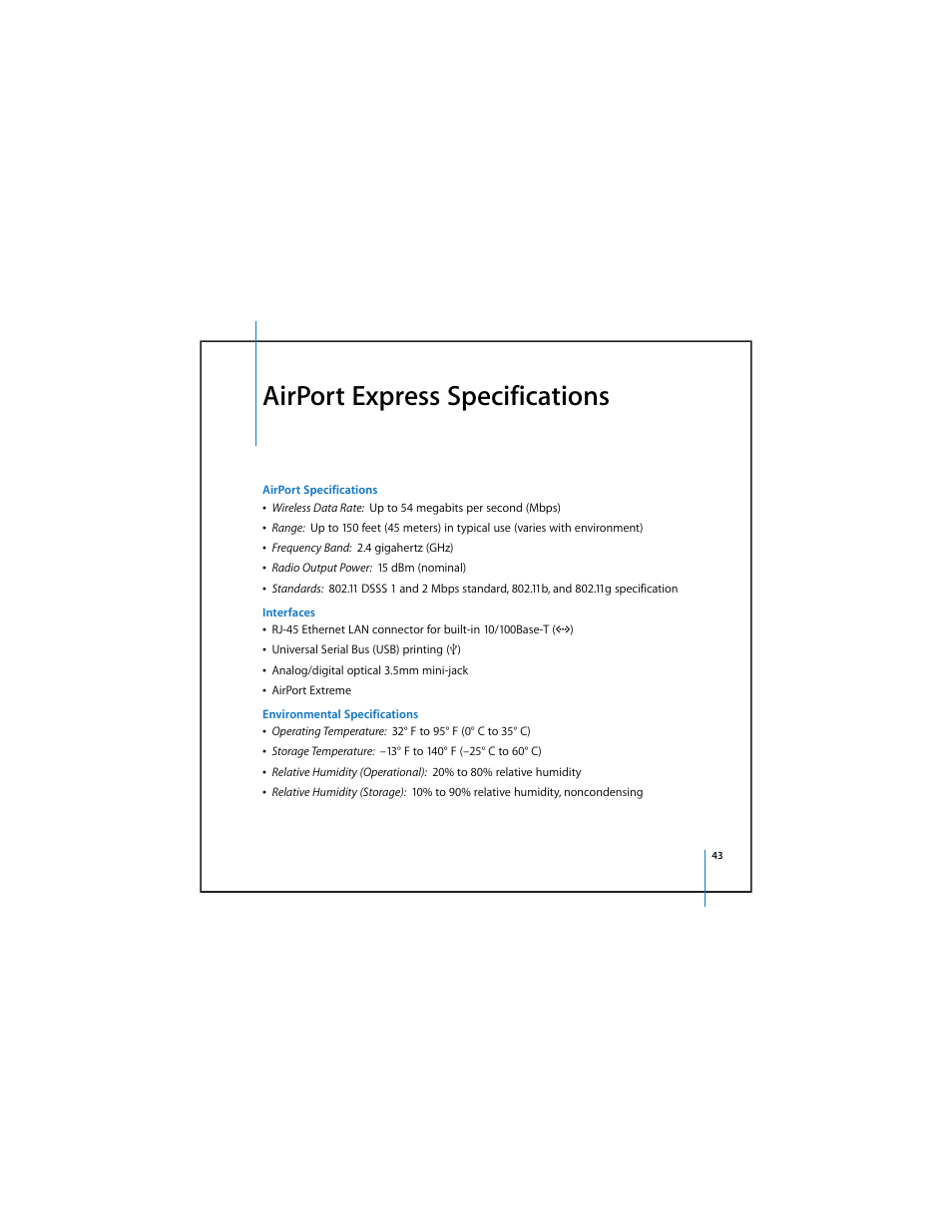 Airport express specifications | Apple AirPort Express v4.2 User Manual | Page 43 / 48