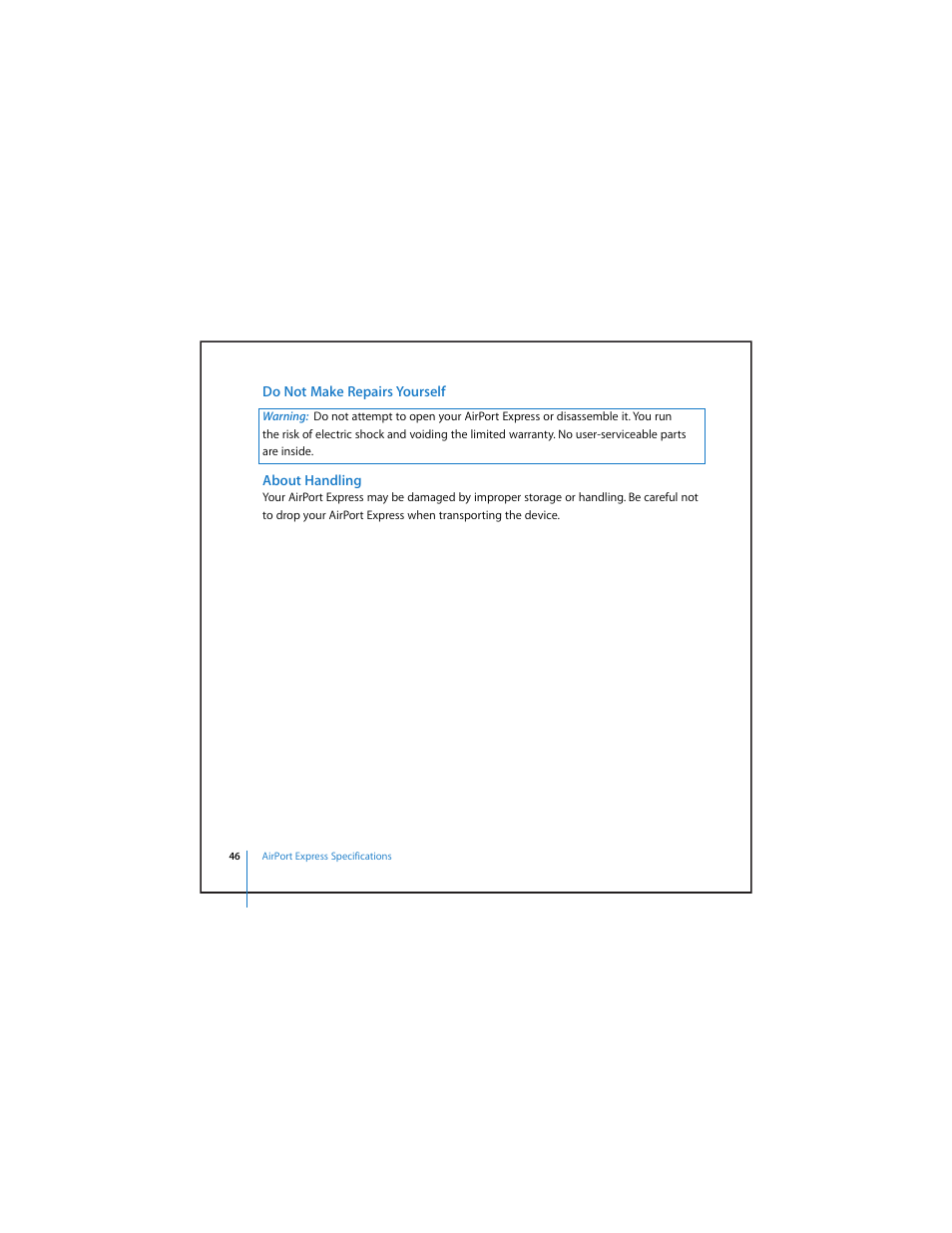 Do not make repairs yourself, About handling | Apple AirPort Express v4.2 User Manual | Page 46 / 48