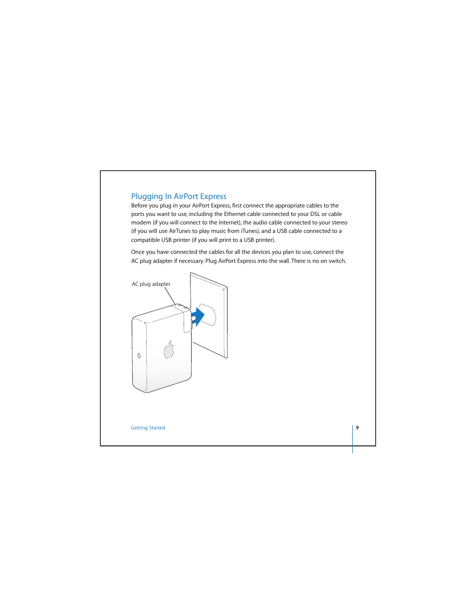 Plugging in airport express | Apple AirPort Express v4.2 User Manual | Page 9 / 48