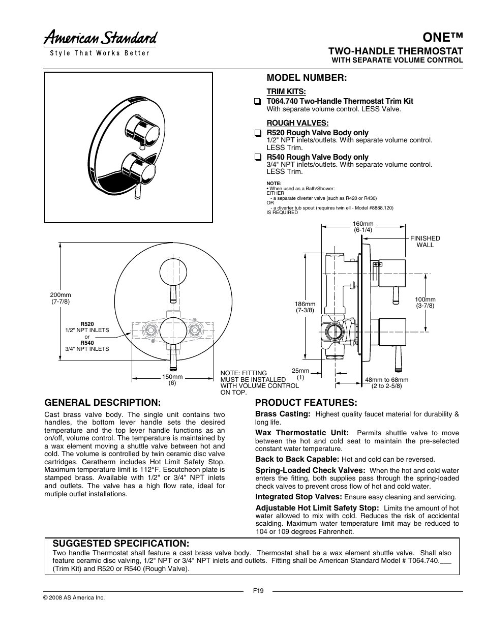 American Standard One T064.740 User Manual | 2 pages