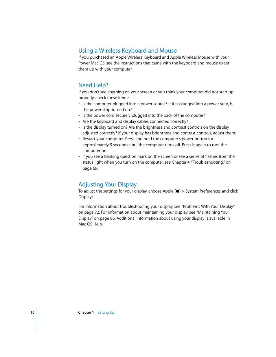 Using a wireless keyboard and mouse, Need help, Adjusting your display | Apple Power Mac G5 User Manual | Page 10 / 112