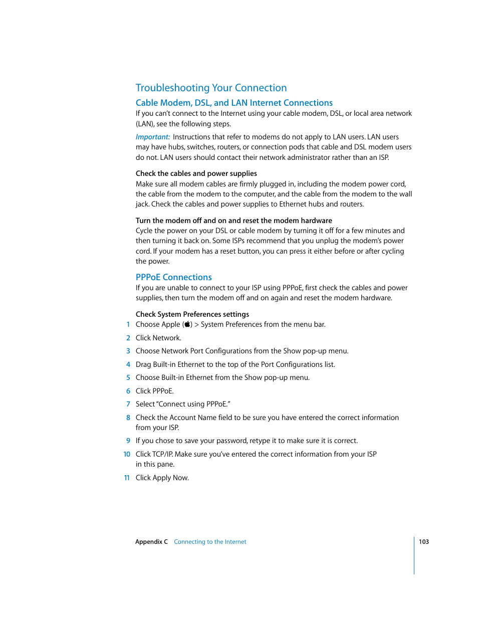 Troubleshooting your connection, Cable modem, dsl, and lan internet connections, Pppoe connections | Apple Power Mac G5 User Manual | Page 103 / 112