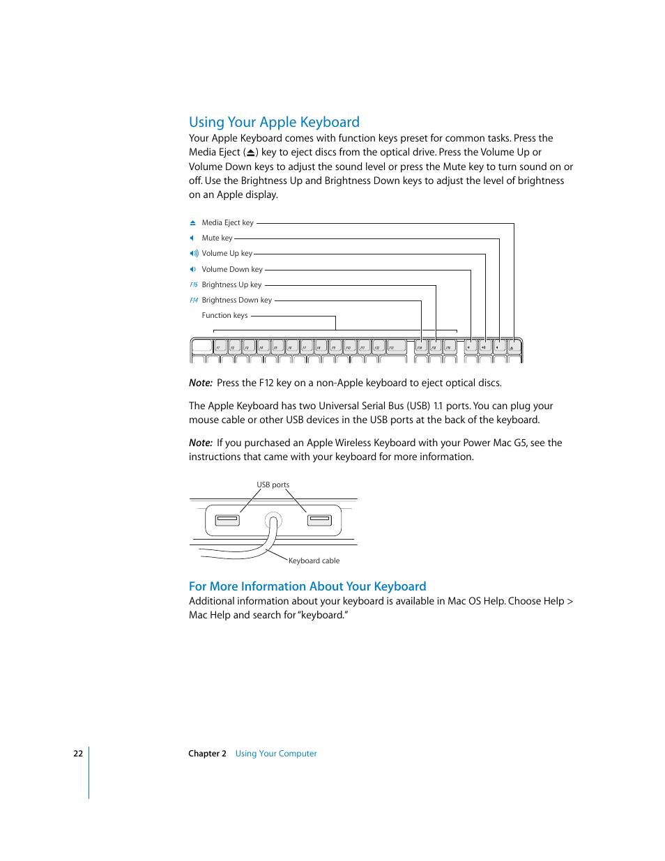 Using your apple keyboard, For more information about your keyboard | Apple Power Mac G5 User Manual | Page 22 / 112