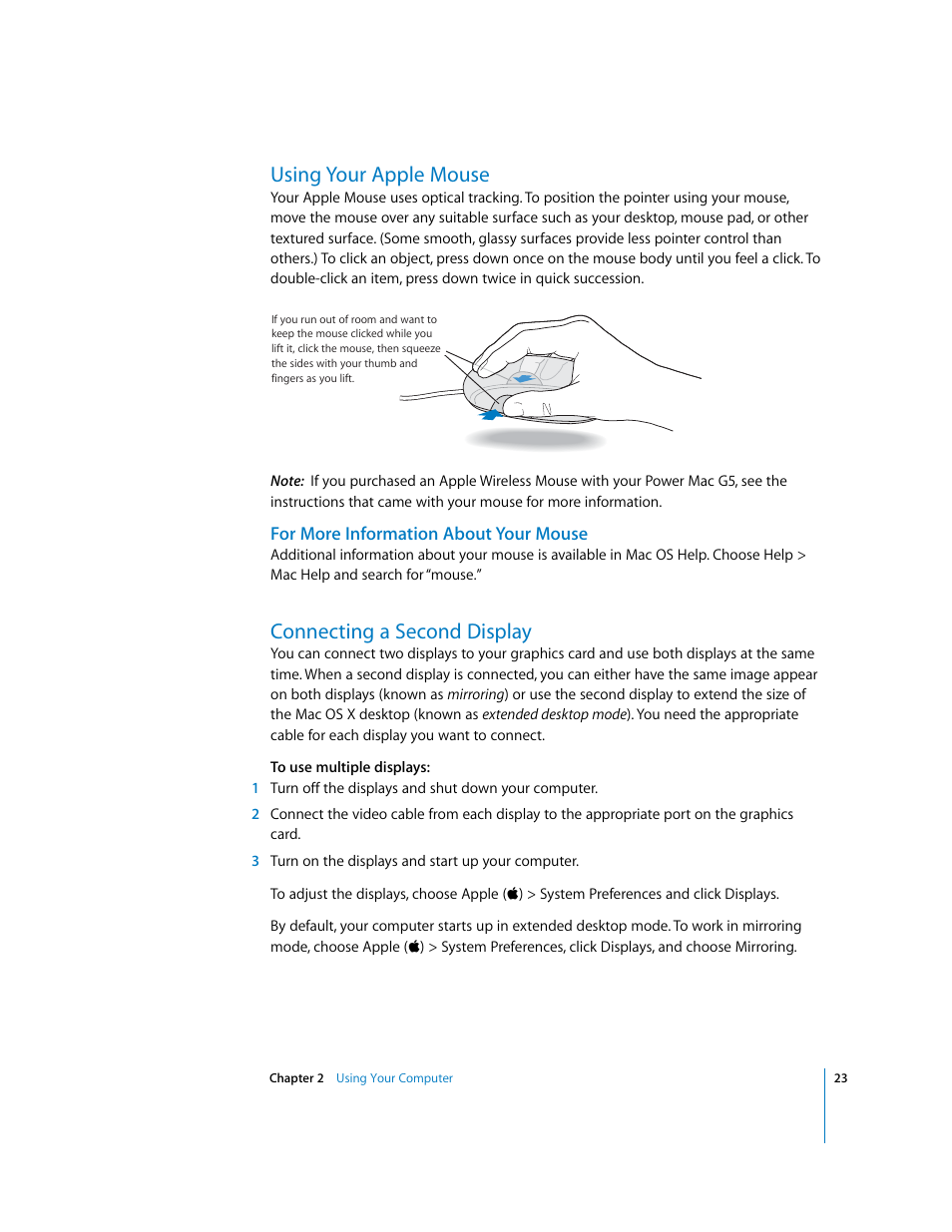 Using your apple mouse, For more information about your mouse, Connecting a second display | Apple Power Mac G5 User Manual | Page 23 / 112