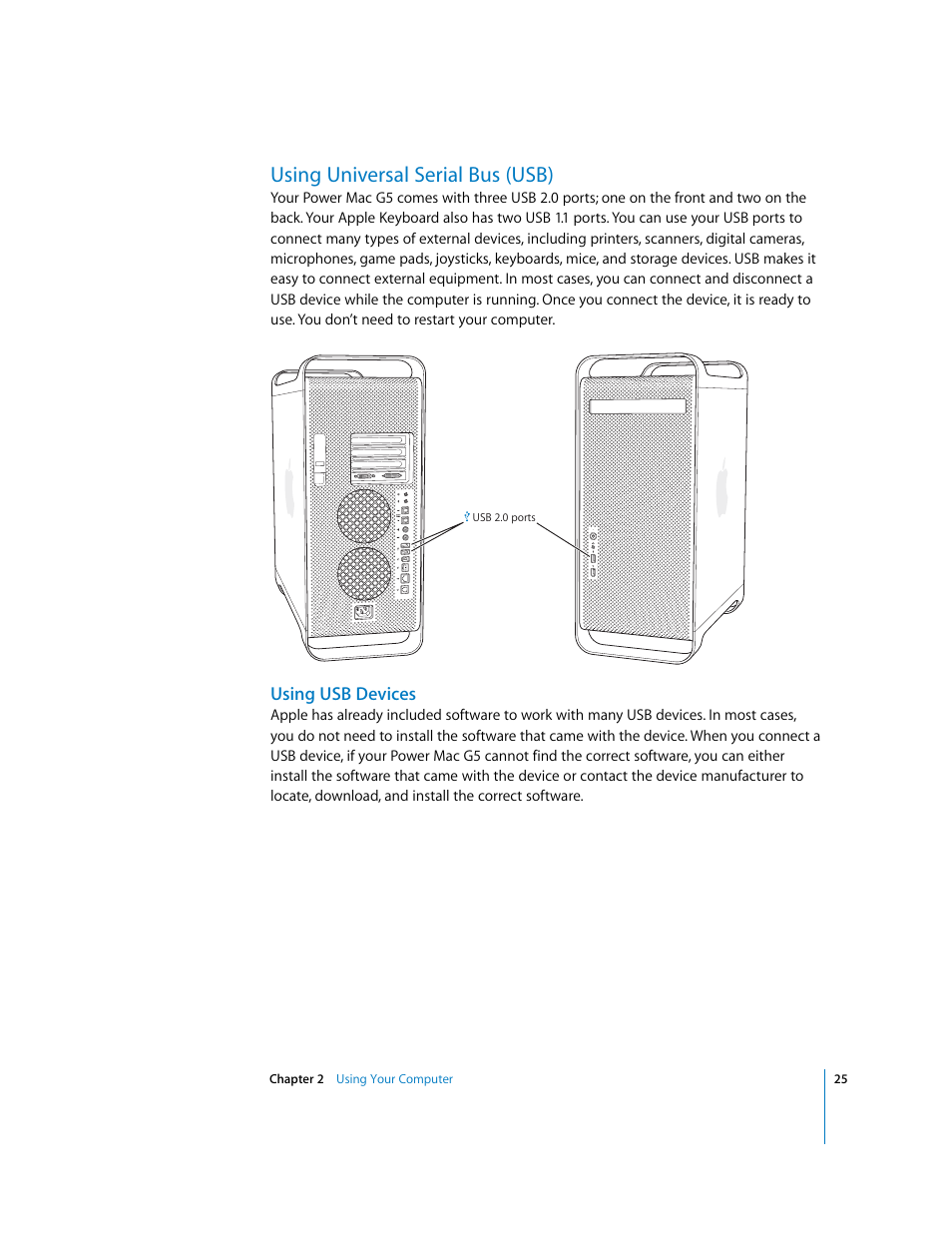 Using universal serial bus (usb), Using usb devices | Apple Power Mac G5 User Manual | Page 25 / 112