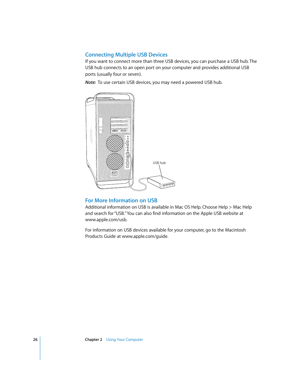 Connecting multiple usb devices, For more information on usb | Apple Power Mac G5 User Manual | Page 26 / 112