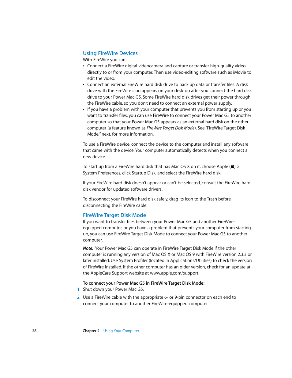 Using firewire devices, Firewire target disk mode | Apple Power Mac G5 User Manual | Page 28 / 112