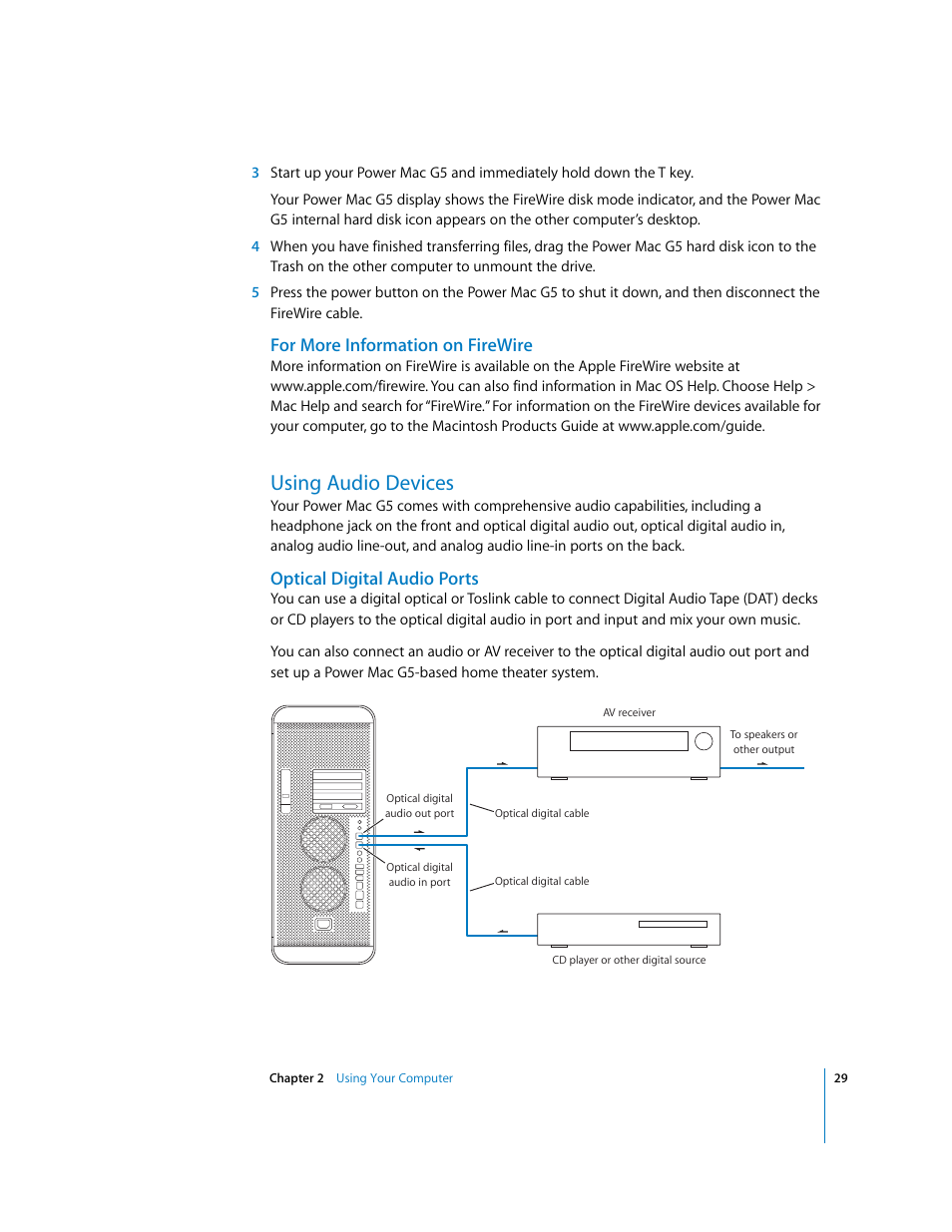 For more information on firewire, Using audio devices, Optical digital audio ports | Apple Power Mac G5 User Manual | Page 29 / 112