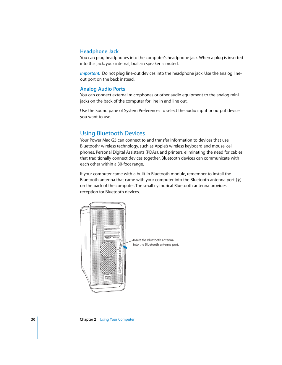 Headphone jack, Analog audio ports, Using bluetooth devices | Apple Power Mac G5 User Manual | Page 30 / 112