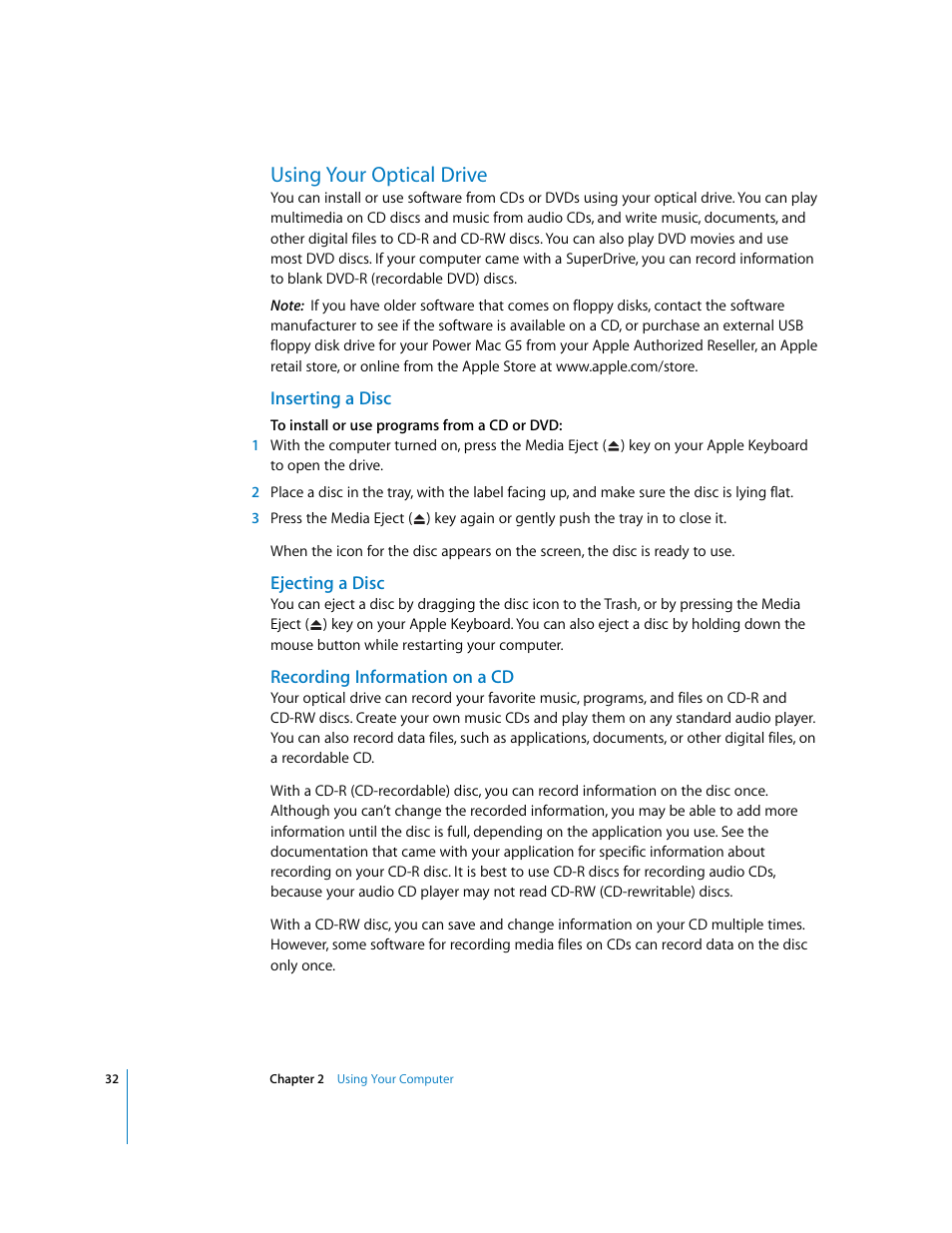 Using your optical drive, Inserting a disc, Ejecting a disc | Recording information on a cd | Apple Power Mac G5 User Manual | Page 32 / 112