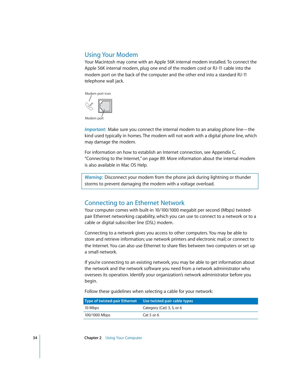 Using your modem, Connecting to an ethernet network | Apple Power Mac G5 User Manual | Page 34 / 112