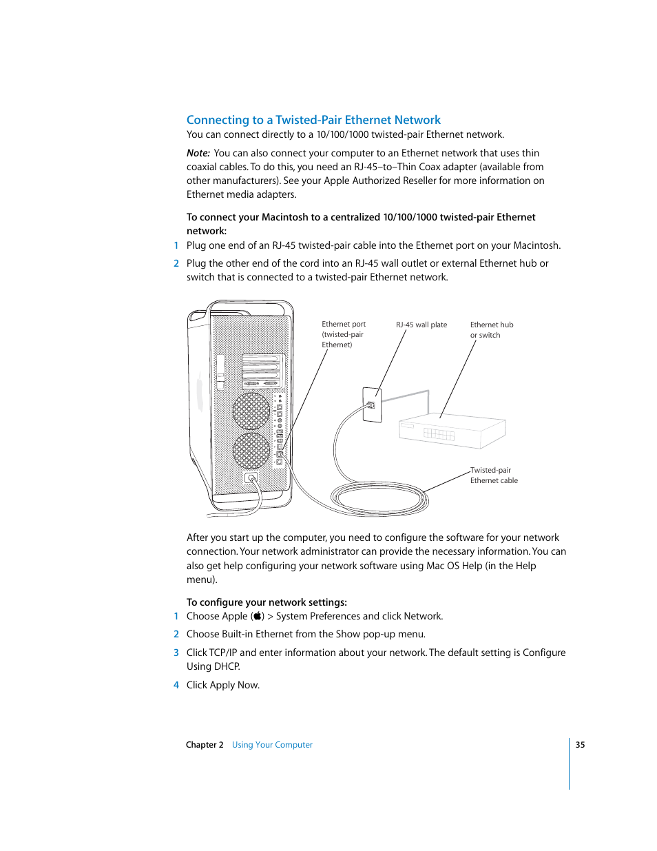 Connecting to a twisted-pair ethernet network | Apple Power Mac G5 User Manual | Page 35 / 112