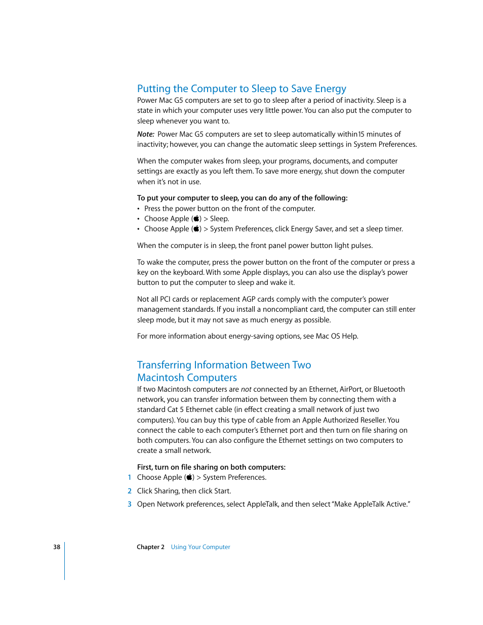 Putting the computer to sleep to save energy | Apple Power Mac G5 User Manual | Page 38 / 112