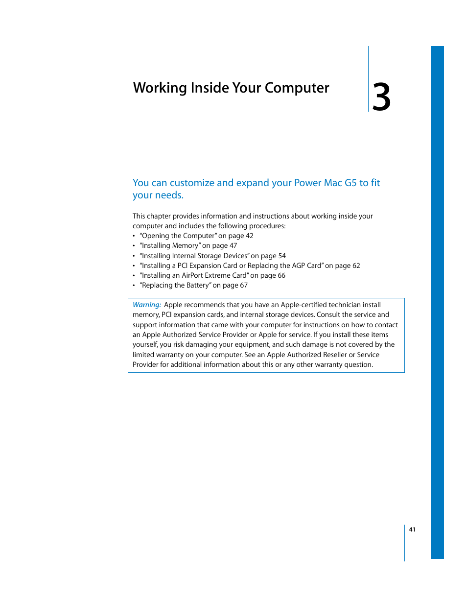 Working inside your computer, Chapter | Apple Power Mac G5 User Manual | Page 41 / 112