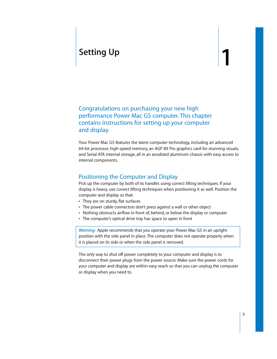 Setting up, Positioning the computer and display, Chapter | Apple Power Mac G5 User Manual | Page 5 / 112