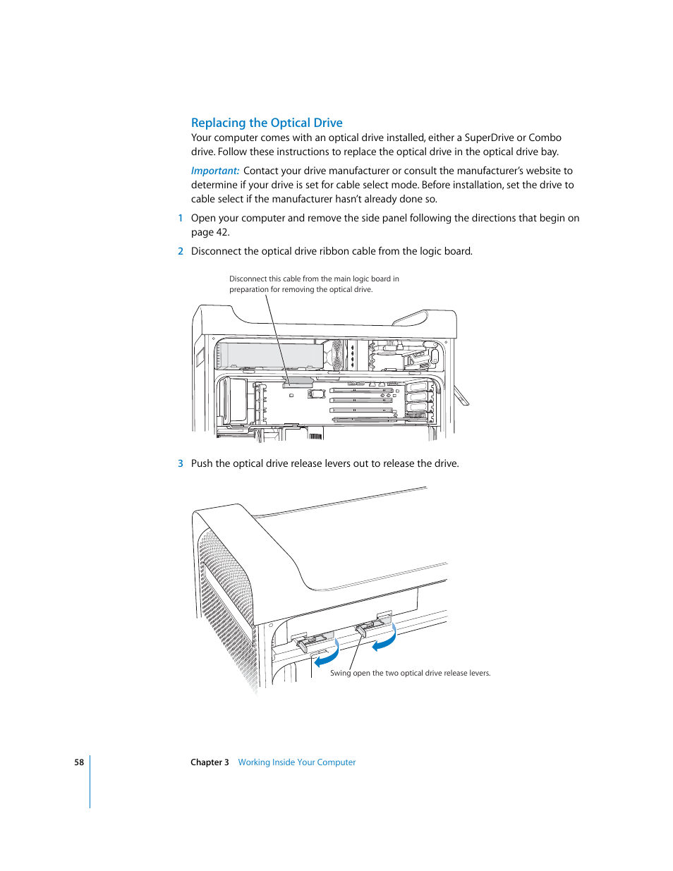 Replacing the optical drive | Apple Power Mac G5 User Manual | Page 58 / 112