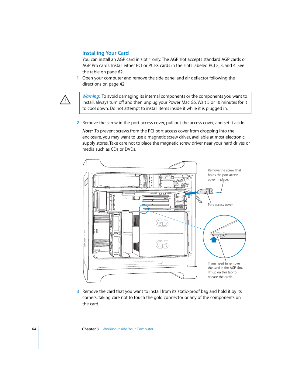 Installing your card | Apple Power Mac G5 User Manual | Page 64 / 112