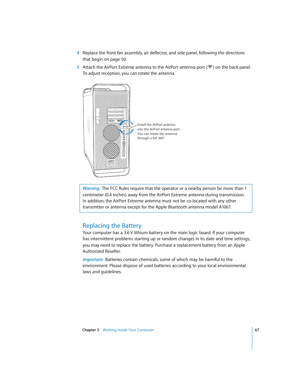 Replacing the battery | Apple Power Mac G5 User Manual | Page 67 / 112