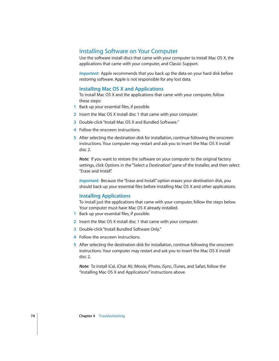 Installing software on your computer, Installing macosx and applications, Installing applications | Apple Power Mac G5 User Manual | Page 74 / 112