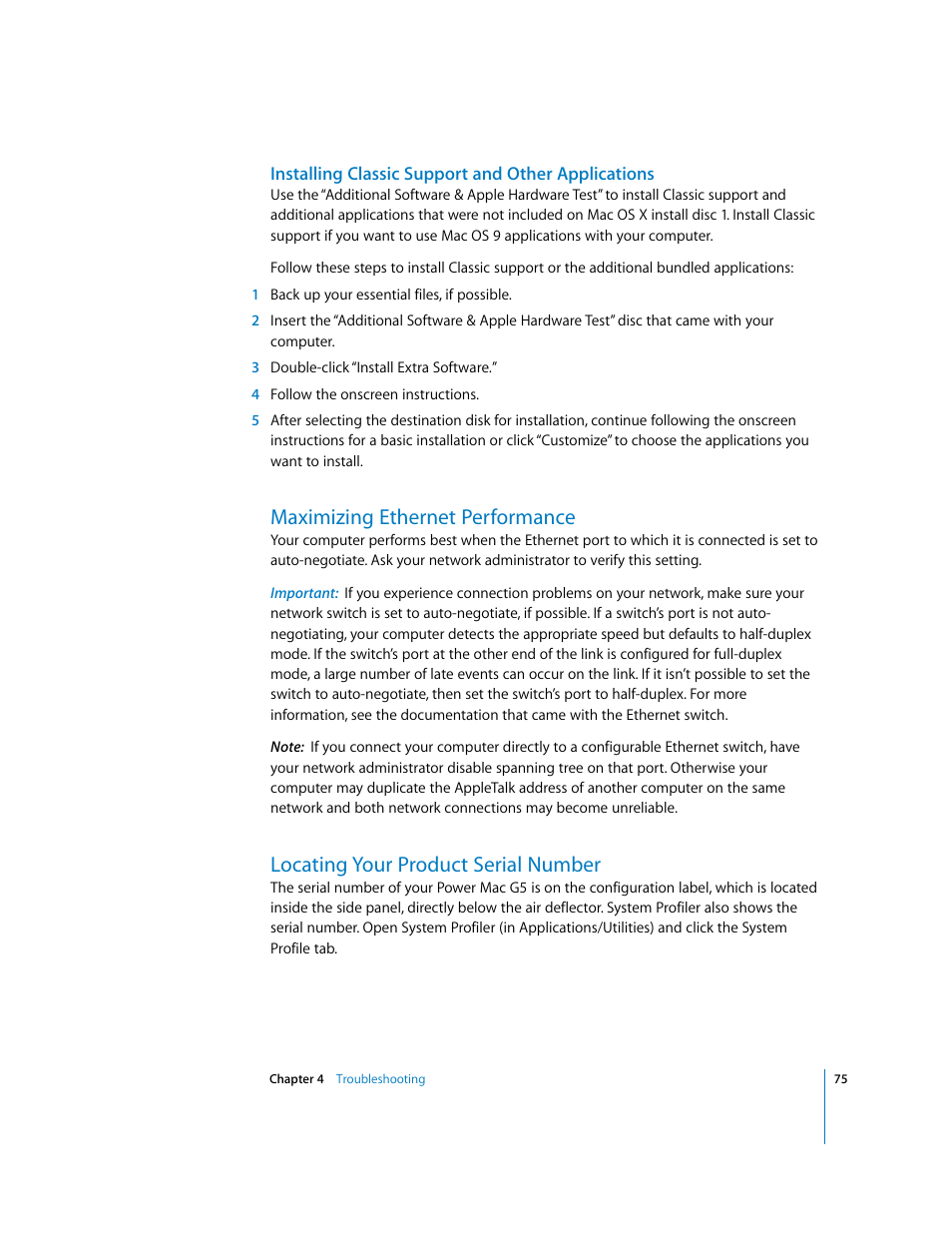 Installing classic support and other applications, Maximizing ethernet performance, Locating your product serial number | Apple Power Mac G5 User Manual | Page 75 / 112