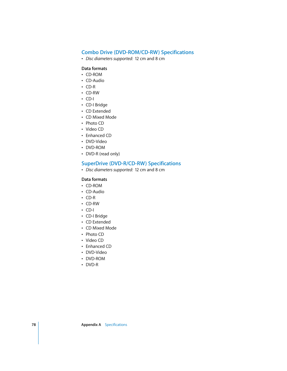 Combo drive (dvd-rom/cd-rw) specifications, Superdrive (dvd-r/cd-rw) specifications | Apple Power Mac G5 User Manual | Page 78 / 112