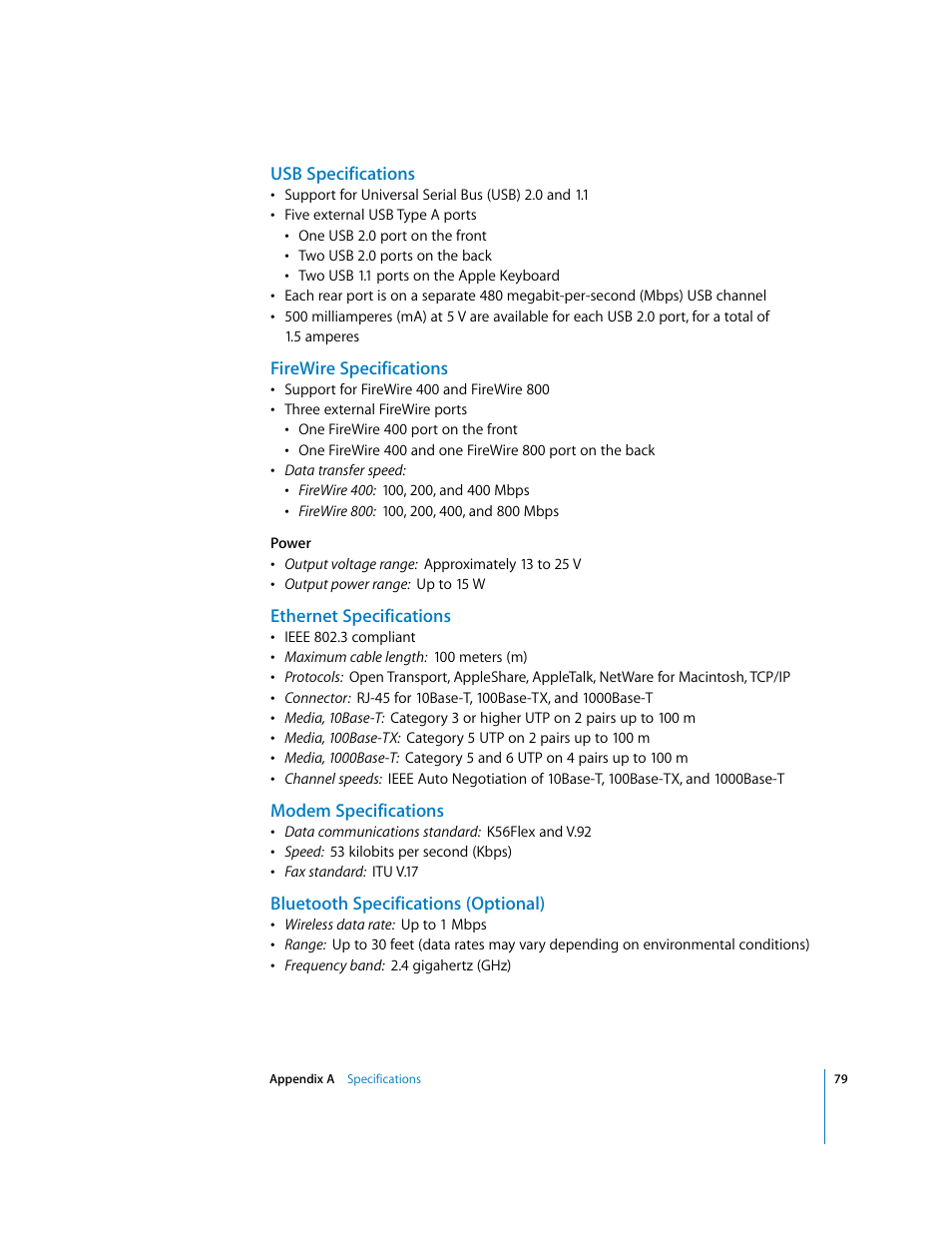 Usb specifications, Firewire specifications, Ethernet specifications | Modem specifications, Bluetooth specifications (optional) | Apple Power Mac G5 User Manual | Page 79 / 112