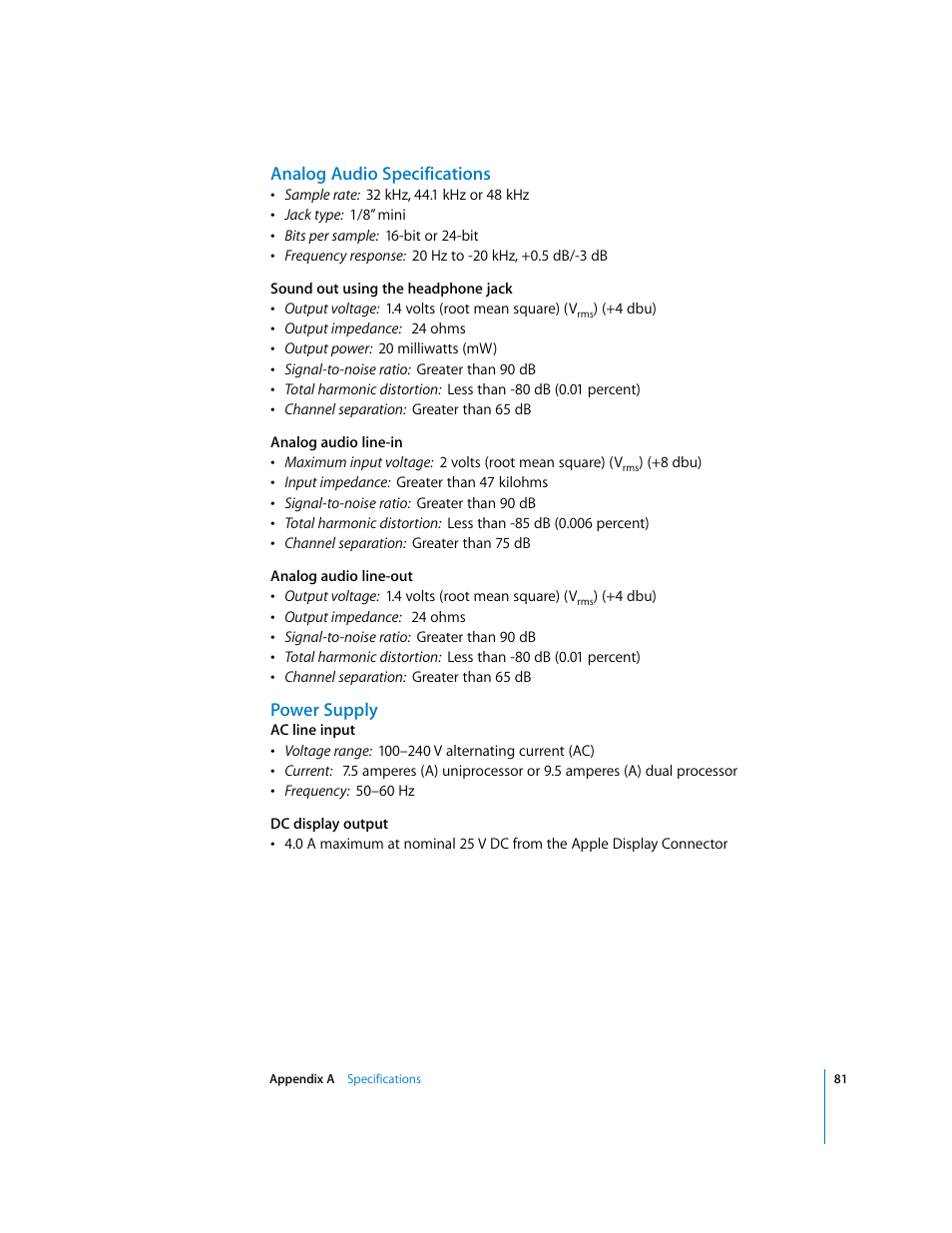 Analog audio specifications, Power supply | Apple Power Mac G5 User Manual | Page 81 / 112