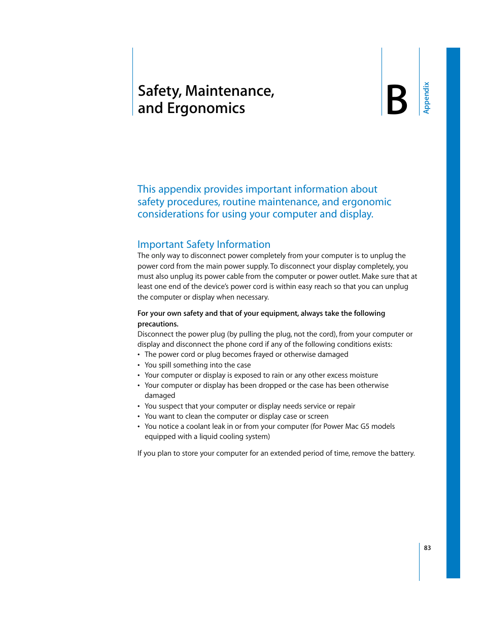 Safety, maintenance, andergonomics, Important safety information, Appendix | Safety, maintenance, and ergonomics | Apple Power Mac G5 User Manual | Page 83 / 112