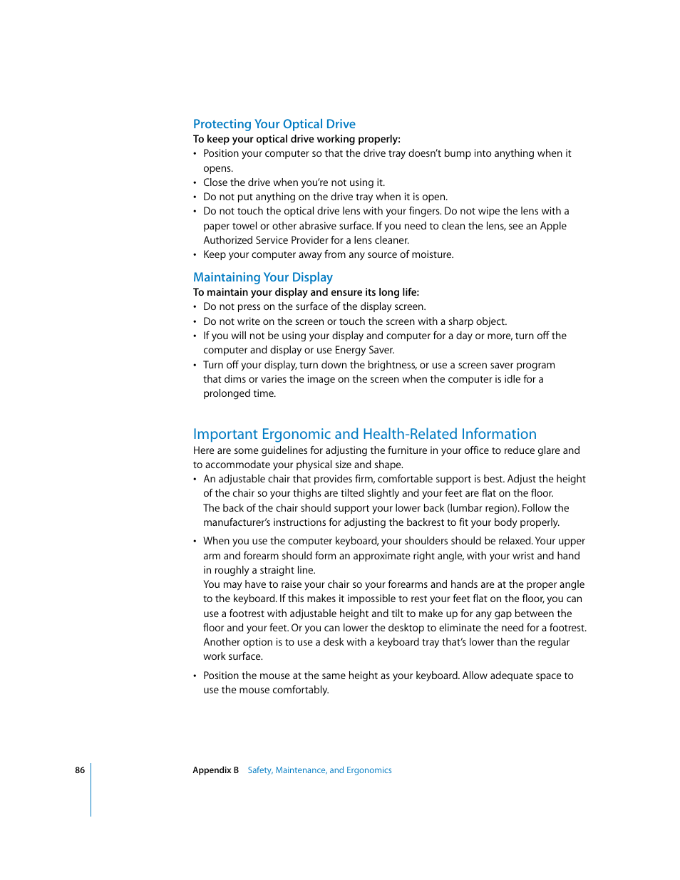 Protecting your optical drive, Maintaining your display, Important ergonomic and health-related information | Apple Power Mac G5 User Manual | Page 86 / 112