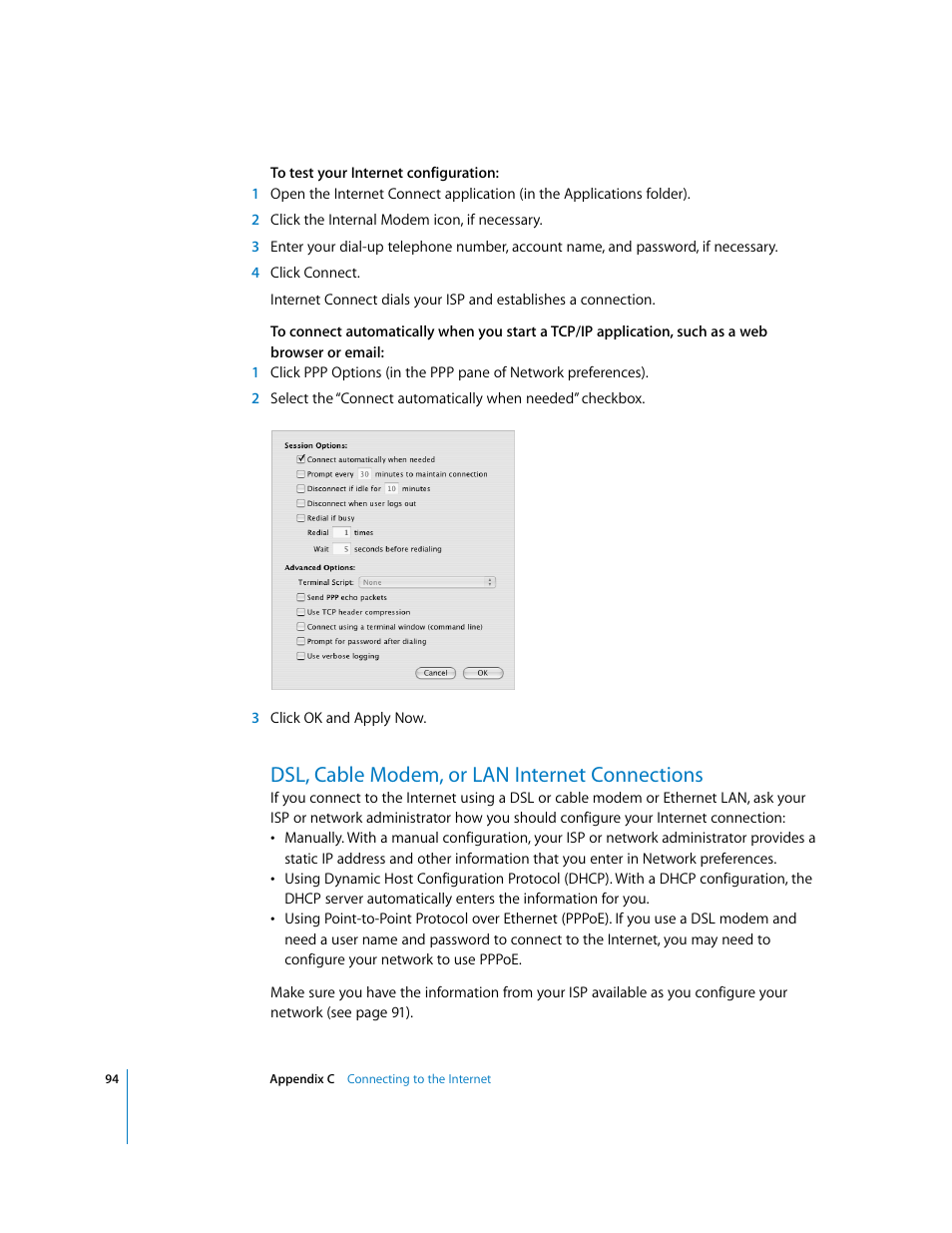 Dsl, cable modem, or lan internet connections | Apple Power Mac G5 User Manual | Page 94 / 112