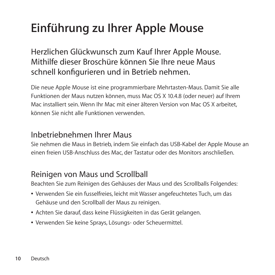 Einführung zu ihrer apple mouse, Inbetriebnehmen ihrer maus, Reinigen von maus und scrollball | Apple Mouse User Manual | Page 10 / 56