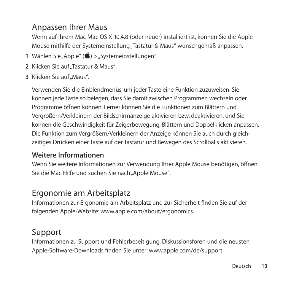 Anpassen ihrer maus, Ergonomie am arbeitsplatz, Support | Apple Mouse User Manual | Page 13 / 56