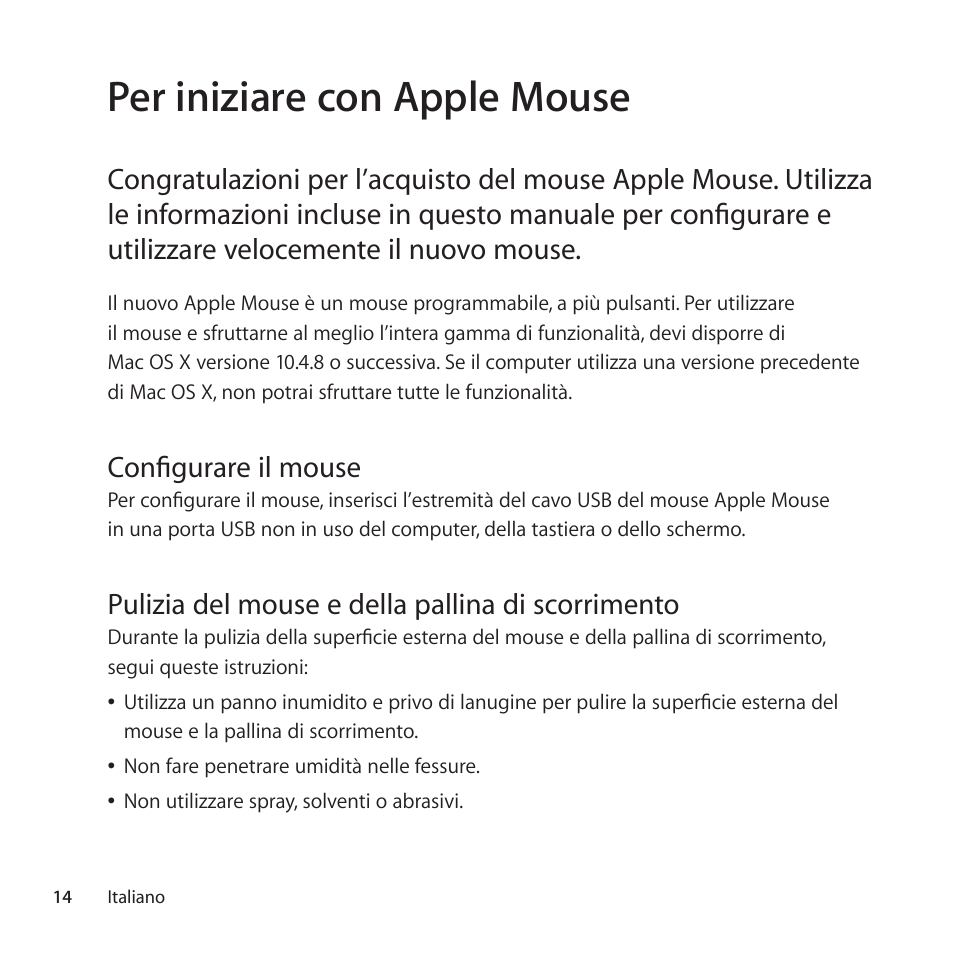 Per iniziare con apple mouse, Configurare il mouse, Pulizia del mouse e della pallina di scorrimento | Apple Mouse User Manual | Page 14 / 56