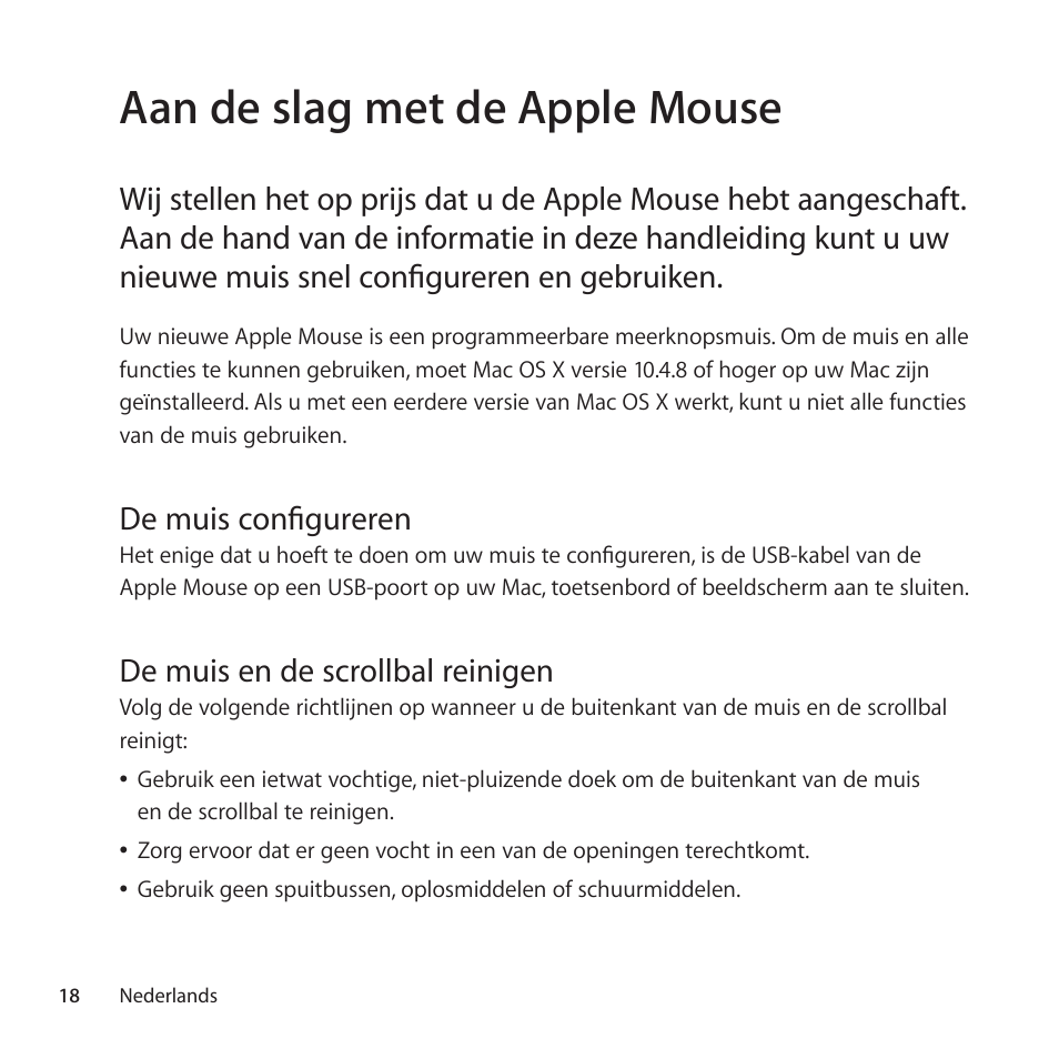 Aan de slag met de apple mouse, De muis configureren, De muis en de scrollbal reinigen | Apple Mouse User Manual | Page 18 / 56