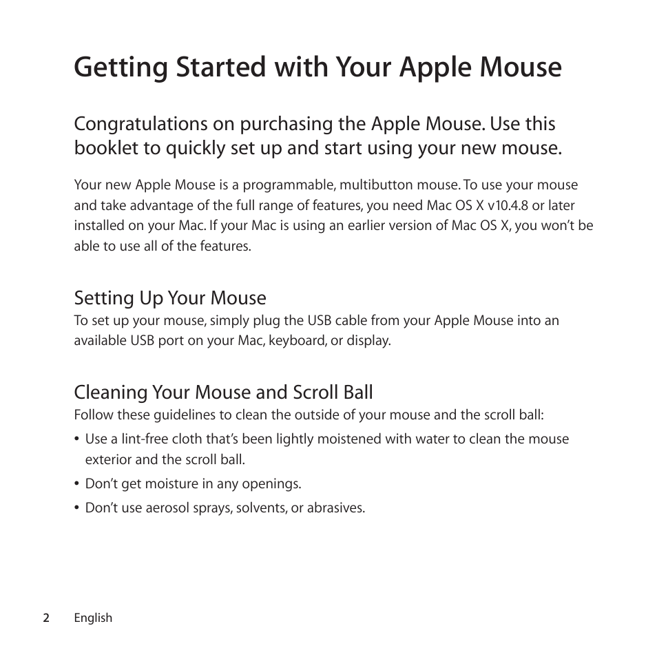 Getting started with your apple mouse, Setting up your mouse, Cleaning your mouse and scroll ball | Apple Mouse User Manual | Page 2 / 56