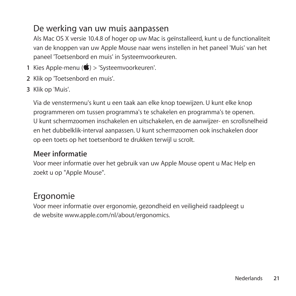 De werking van uw muis aanpassen, Ergonomie | Apple Mouse User Manual | Page 21 / 56