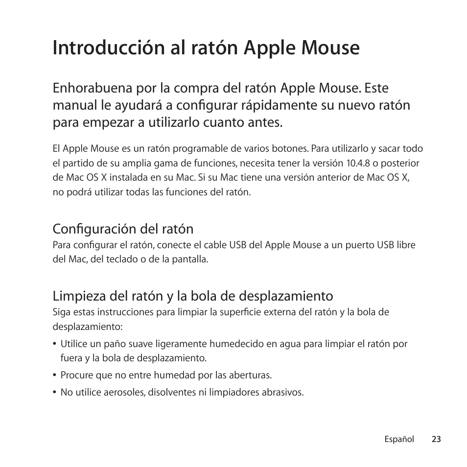 Introducción al ratón apple mouse, Configuración del ratón, Limpieza del ratón y la bola de desplazamiento | Apple Mouse User Manual | Page 23 / 56