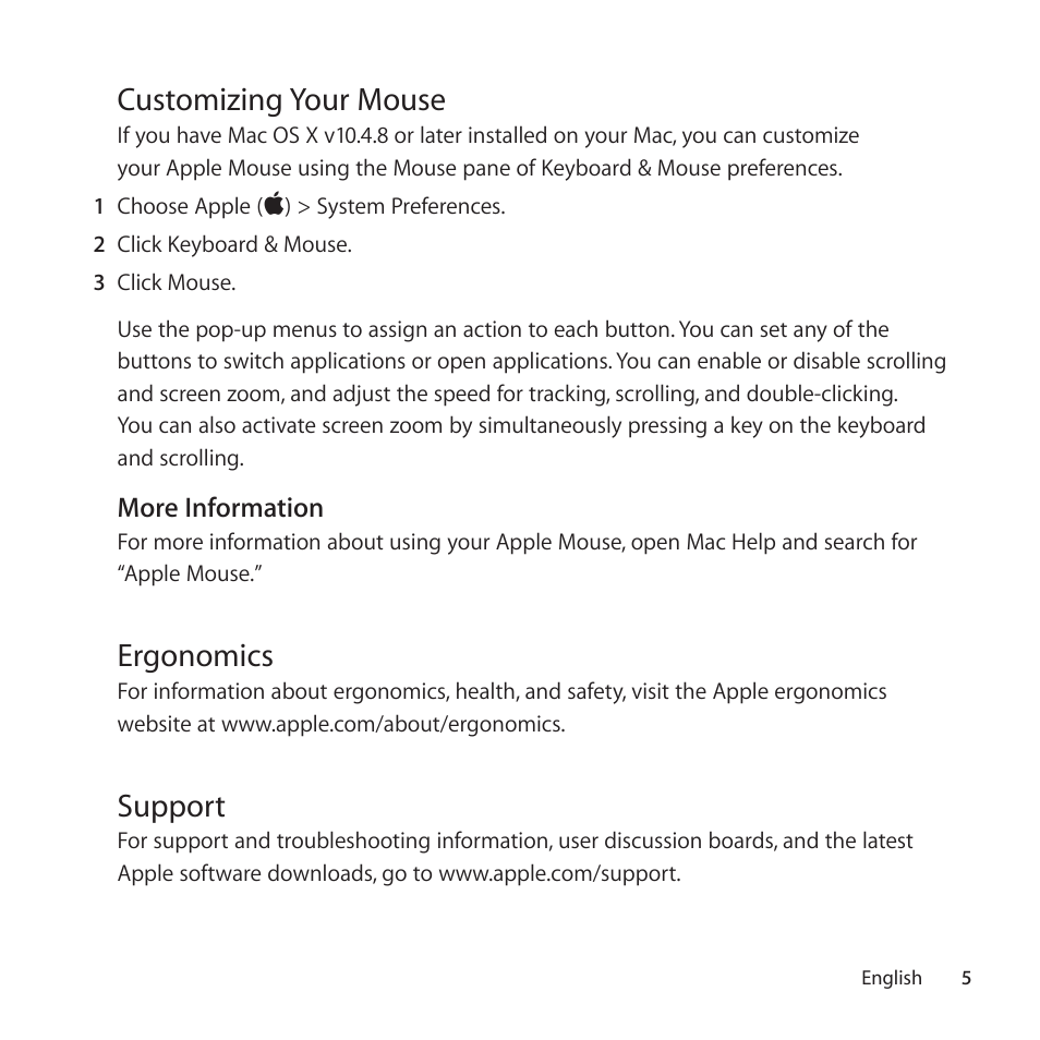 Customizing your mouse, Ergonomics, Support | Apple Mouse User Manual | Page 5 / 56