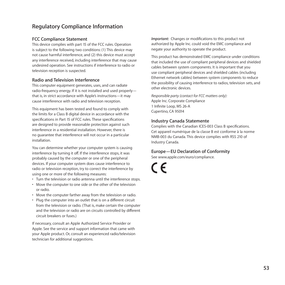 Regulatory compliance information | Apple Mouse User Manual | Page 53 / 56