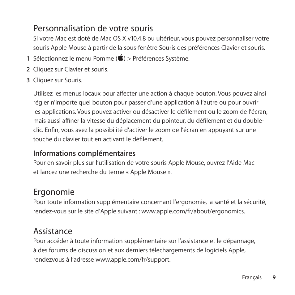 Personnalisation de votre souris, Ergonomie, Assistance | Apple Mouse User Manual | Page 9 / 56